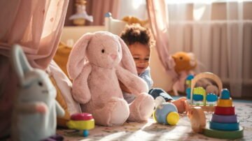 A photo of a cozy nursery scene with a soft, plush Jellycat bunny surrounded by colorful children's toys. The room has gentle pastelcolors