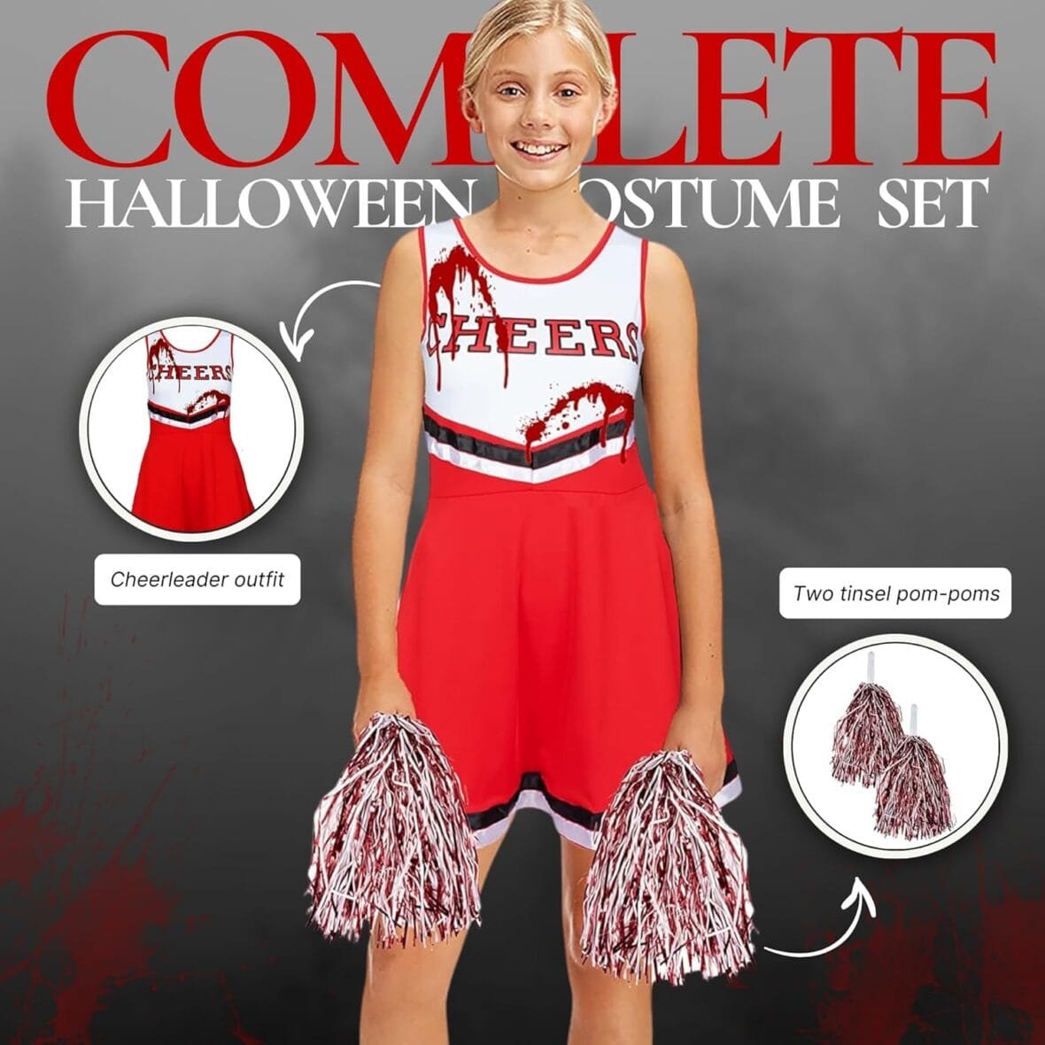 Kids Zombie Cheerleader Costume with Pom Poms