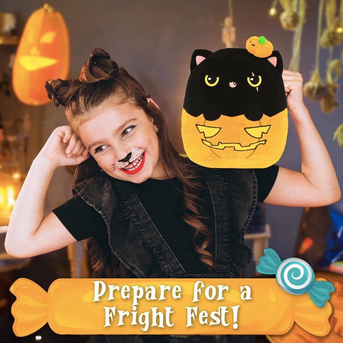 POPOYU Halloween Plush Pumpkin Cat Pillow