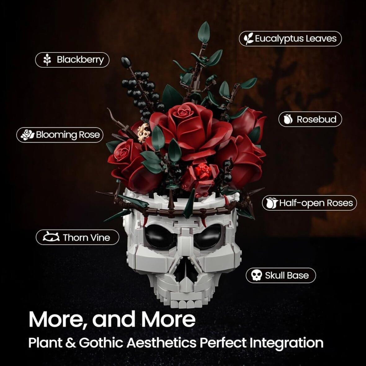 Red Rose Bouquet Building Set with Skull Vase